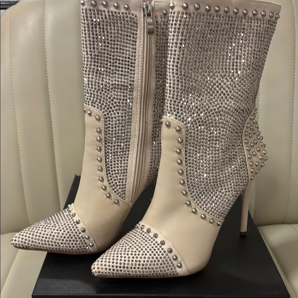 Studded Beige High Heel Boots